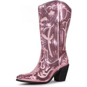 ⚡Women's Pink Sequin Mid Calf Western Cowboy Boots Wide Calf High Fashion